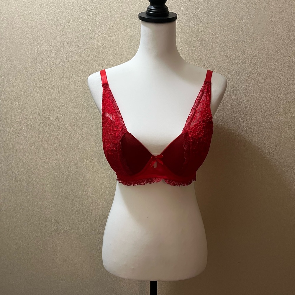 Black Bow, Red Lace Underwire Bra, 38C